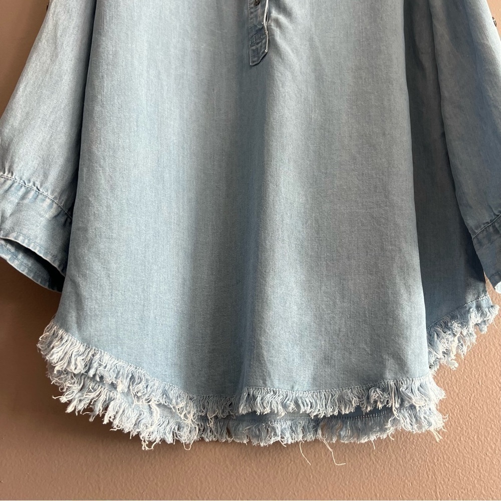Hester & Orchard Women’s Shirt Tencel Button Slit Neck Blue Fringe Hem Small - Picture 4 of 16